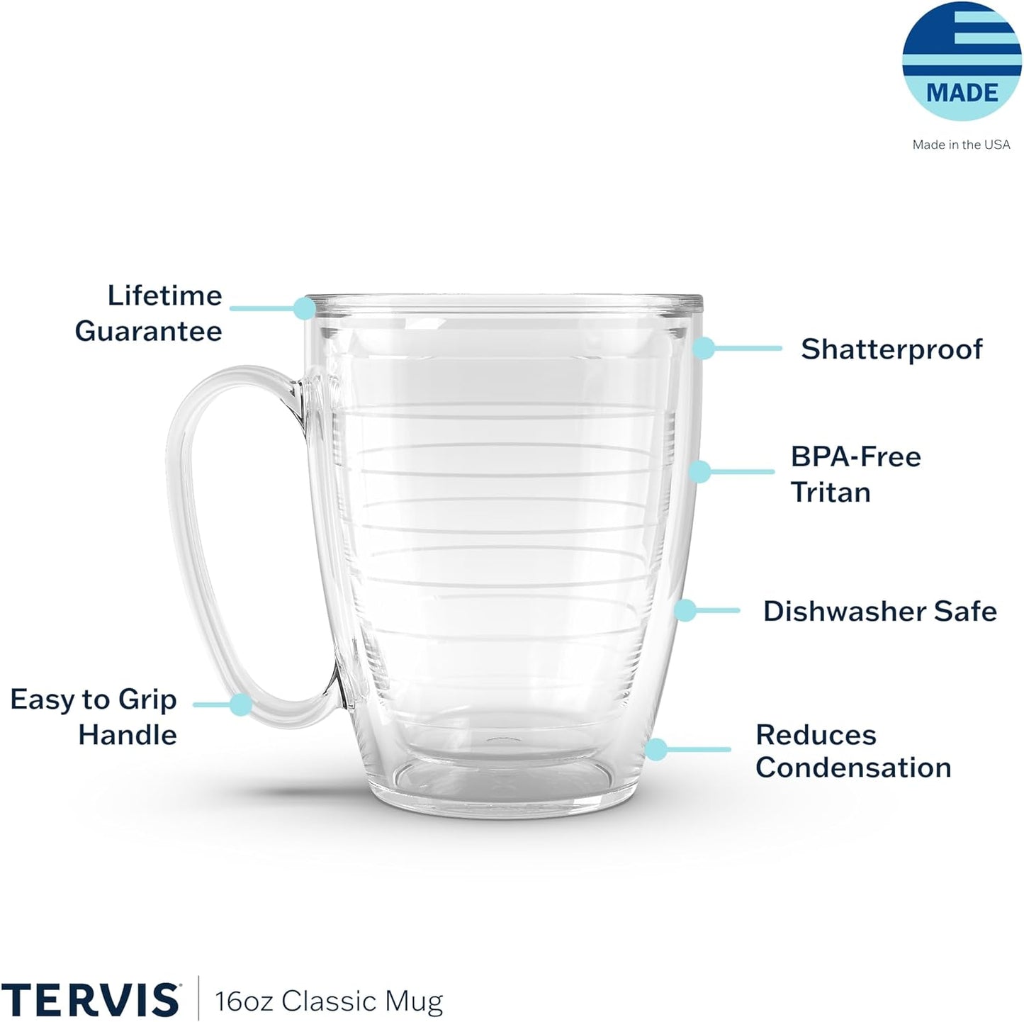 Tervis Clear & Colorful Tabletop Made in USA Double Walled Insulated Tumbler Travel Cup Keeps Drinks Cold & Hot, 16oz Mug, Clear