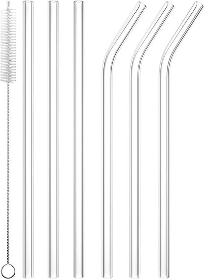 6 PCS Reusable Glass Drinking Straw, Replacement Straw 7.88'' x 8MM Clear Practical Straw for 20/30/32oz Tumblers Smoothie Straws 3 Straight 3 Bent with 1 Cleaning Brush for Coffee Tea Juice Milkshake