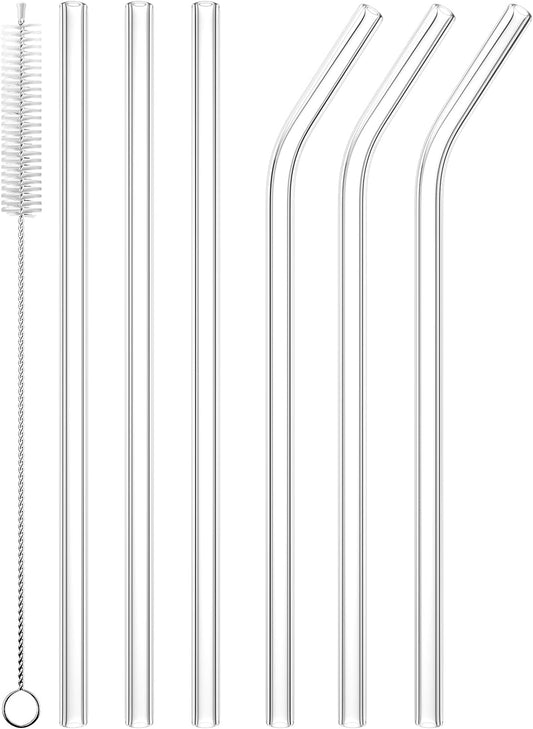 6 PCS Reusable Glass Drinking Straw, Replacement Straw 7.88'' x 8MM Clear Practical Straw for 20/30/32oz Tumblers Smoothie Straws 3 Straight 3 Bent with 1 Cleaning Brush for Coffee Tea Juice Milkshake