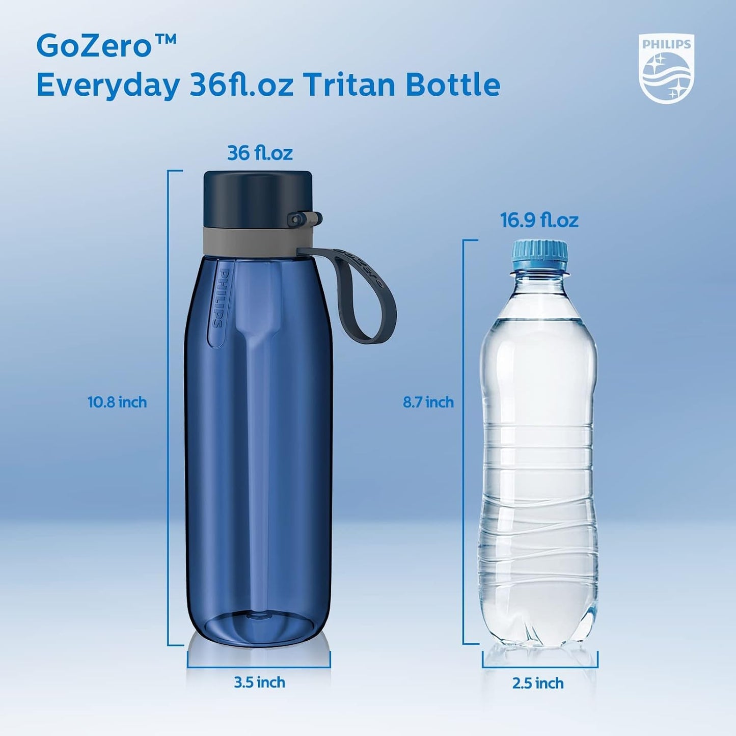 PHILIPS Filtered Water Bottle, BPA-Free Tritan Plastic Water Bottles, Replaces 450 Plastic Water Bottle with Reusable GoZero Everyday Water Filter, Portable Filtering Bottle for Travel, 22 oz, Green