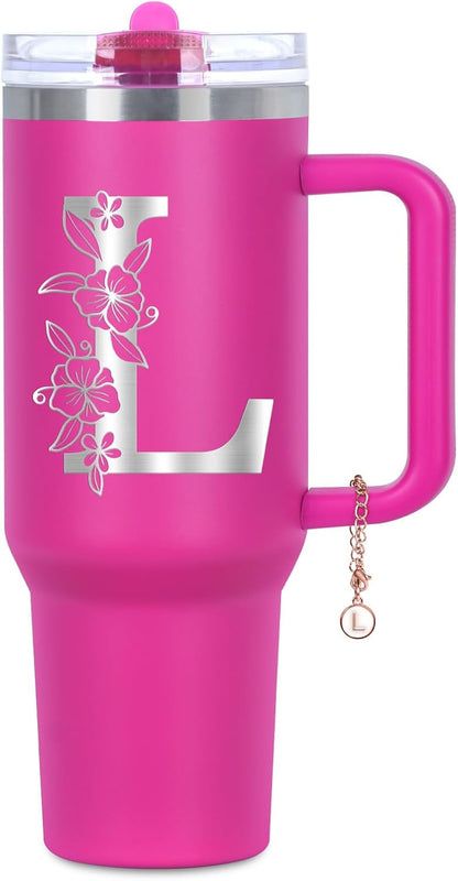Personalized 40 oz Monogrammed Tumbler with Handle and Flip Straw Lid, 100% Leak Proof stainless steel Insulated Tumbler, Customized Initial Funny Gifts for Women Mom Sisters Coworker, A