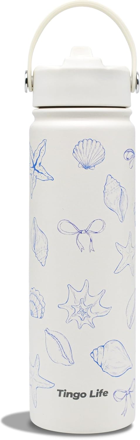 25oz Insulated Stainless Steel Aesthetic Cute Water Bottle - 2 Lids Included (Straw + Sport Handle), Leakproof BPA-Free, Dreamy Cream Cute Floral Design, Perfect Gym/Yoga/Office Companion