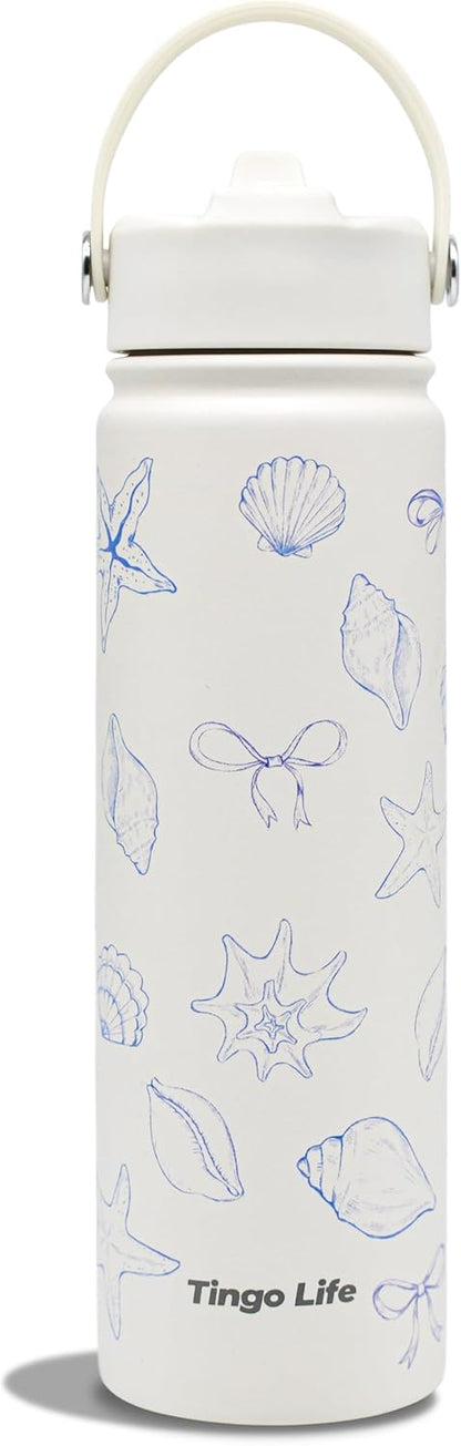 25oz Insulated Stainless Steel Aesthetic Cute Water Bottle - 2 Lids Included (Straw + Sport Handle), Leakproof BPA-Free, Dreamy Cream Cute Floral Design, Perfect Gym/Yoga/Office Companion