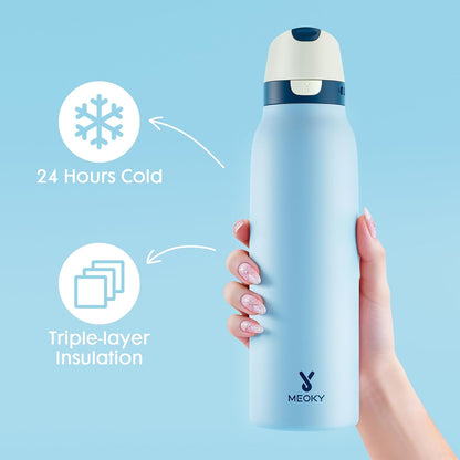 Meoky 24 oz Slim Insulated Water Bottle: Leak Proof Locking Lid, 2-in-1 Straw and Spout, 24 Hours Cold, Top Handle, BPA Free, Stainless Steel Water Bottle for Men Sports Travel Gym, Night