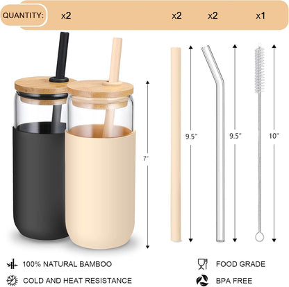 20oz Glass Water Tumbler with Silicone Protective Sleeve - Beer Shaped Glass Cups with Straw and Bamboo Lid, Iced Coffee Glasses, Cute Drinking Glasses for Water, Smoothie, Gift - Cambridge Blue