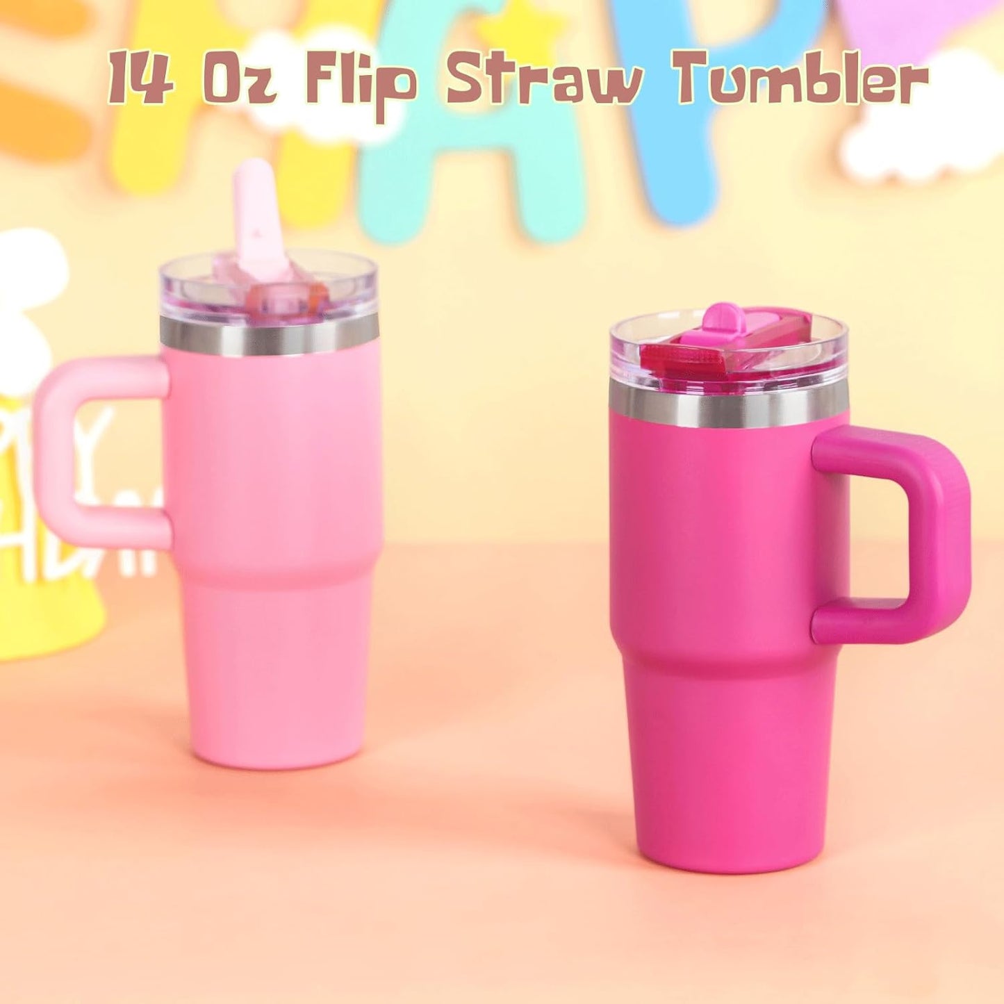Cosictic 14 Oz Flip Straw Tumbler with Handle for Kids, Stainless Steel Double Wall Insulated Cup for Children with Flip Top Lid, 14 Oz Leak-proof Cups for Kids, Sky Blue and Purple