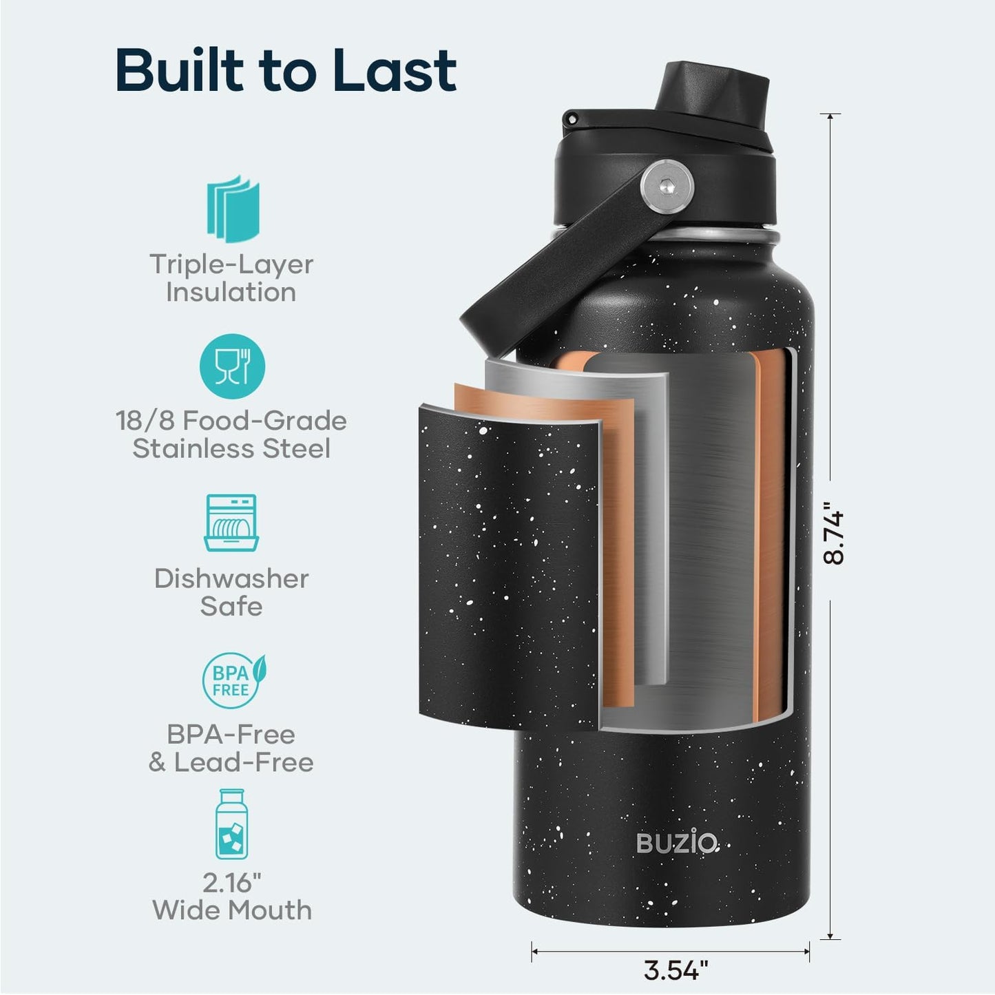 BUZIO 40oz Insulated Water Bottle, Triple Wall Vacuum Stainless Steel Water Flask with 2 lids, Lead-Free BPA-Free Straw Lid Sports Canteen Jug, Cold 48H & Hot 24H- Black - Colors A