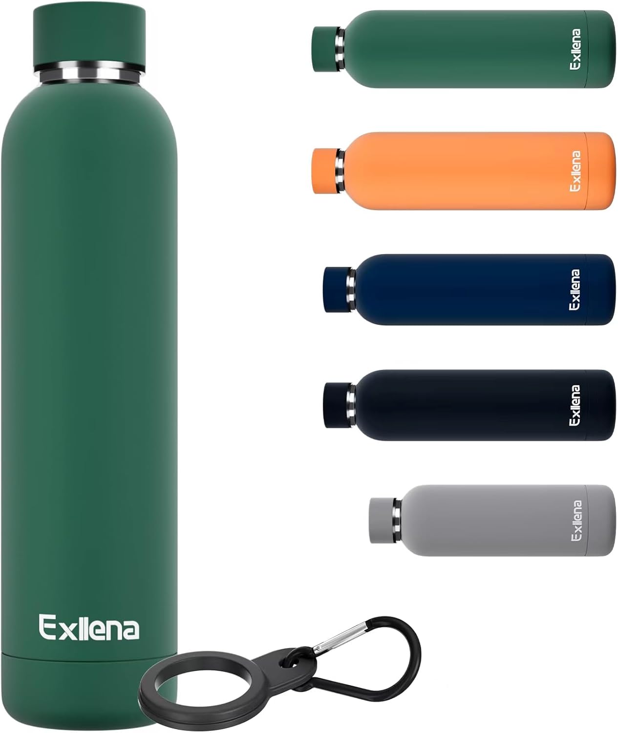 Exllena Slim Insulated Water Bottles for Travel 18oz with Clip, Double Wall Vacuum Stainless Steel Water Bottle Keeps Drinks Cold 24 Hrs/Hot 12 Hrs, 100% Leakproof, BPA Free(Black)