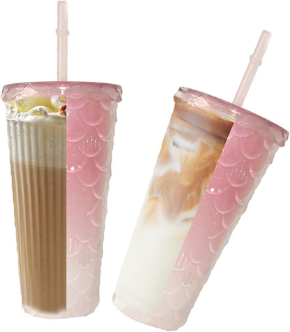 Studded Tumbler With Straw Tumblers With Lids And Straws Iridescent Blue Cups Water Cup With Straw And Lid BPA-Free Double-Wall Plastic for Iced Coffee Cups or Water 24 Oz