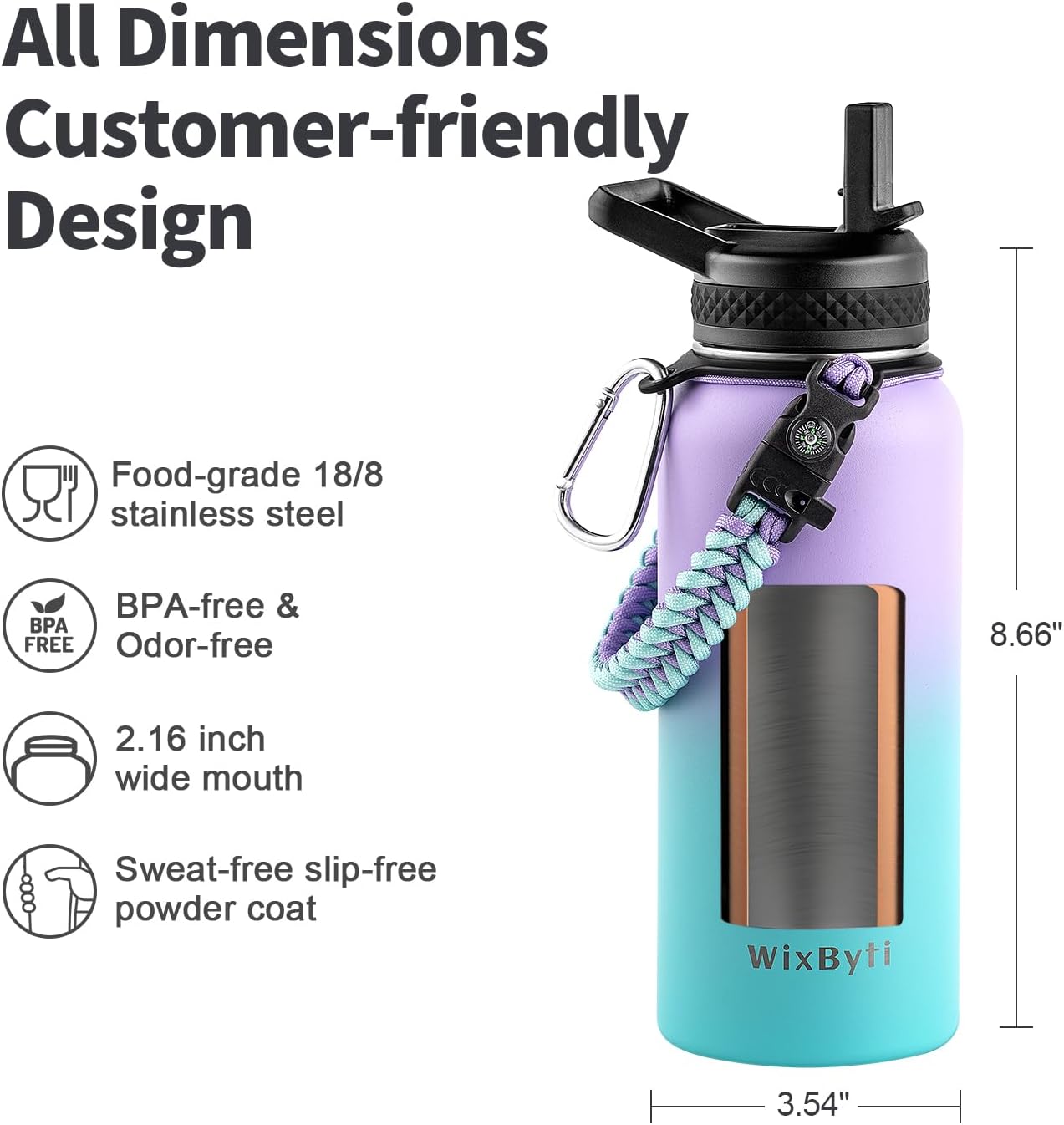 WixByti 40 oz Insulated Water Bottle with Straw (Cold for 36 Hrs), Stainless Steel Triple Wall Vacuum Sports Water Jug, Leakproof Hydro Cup Flask with Paracord Handle & Straw Spout Lids & DIY Stickers
