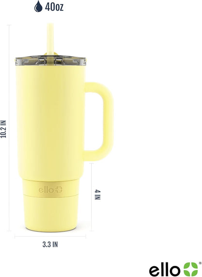 Ello Port 40oz Tumbler with Carry Loop & Integrated Handle, Vacuum Insulated Stainless Steel Reusable Water Bottle, Travel Mug with Leak Proof Lid & Straw, Perfect for Iced Coffee & Tea, White