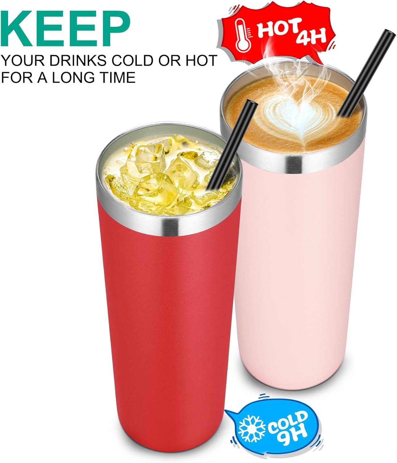 VEGOND Stainless Steel Skinny Tumbler, 20 oz Vacuum Insulated Tumbler with Lid and Straw, Double Wall Coffee Cup, Travel Mug for Cold Hot Drinks, Light Pink 1 Pack