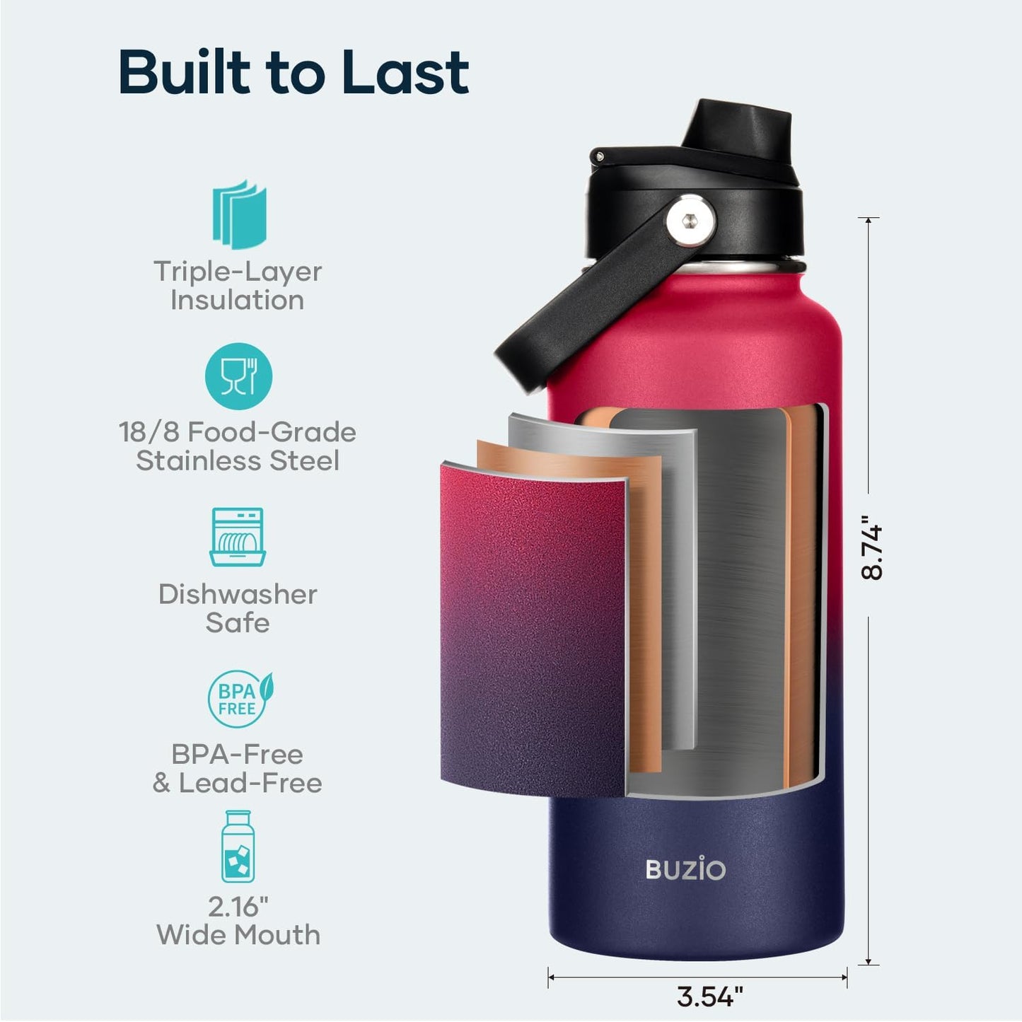 BUZIO 40oz Insulated Water Bottle, Triple Wall Vacuum Stainless Steel Water Flask with 2 lids, Lead-Free BPA-Free Straw Lid Sports Canteen Jug, Cold 48H & Hot 24H- Black - Colors B