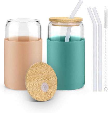 sungwoo 4PCS Glass Cups with Bamboo Lids and Straws, 16OZ Ice Coffee Cup, Drinking Cup set with Wooden Lids, Home Essential Glass Tumblers for Beer, Cocktail, Tea and Latte Clear