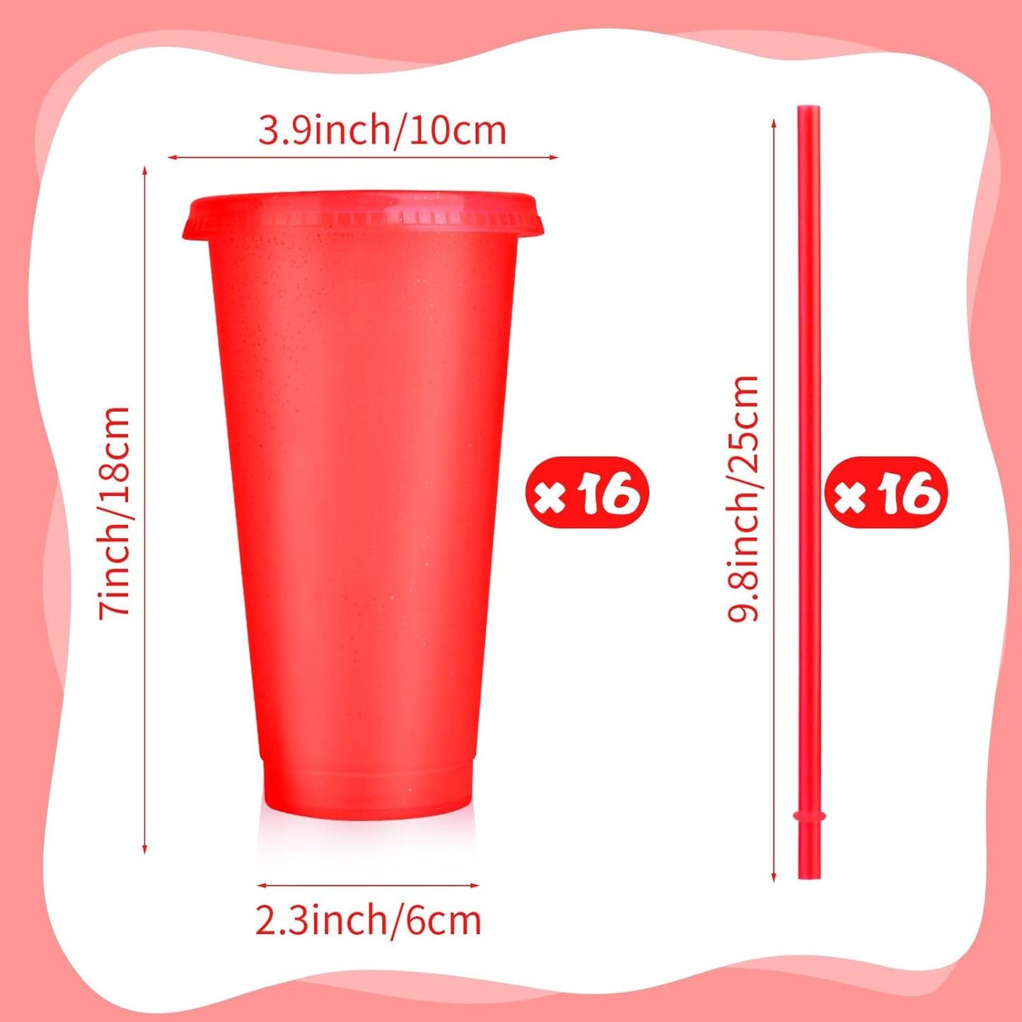 Hxezoc 16-Piece Reusable Cups with Lids and Straws, 24 oz Glitter Plastic Tumbler Iced Coffee Cups Travel Mug Cup for Smoothie Juices Beach or Bachelor Party (Black)