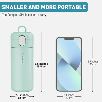 Exllena 10oz Small Insulated Water Bottle with One-Touch Soft Straw Lid, Double-Wall Vacuum Small Travel Water Bottle for Cold&Hot Drinks–Leak-Proof, Mini Flask for Handbag, Yoga, Sport(Mint)