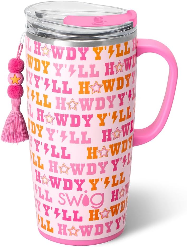 Swig Life 18oz Travel Mug, Insulated Tumbler with Handle and Lid, Cup Holder Friendly, Dishwasher Safe, Stainless Steel, Travel Coffee Cup (Honey Meadow)