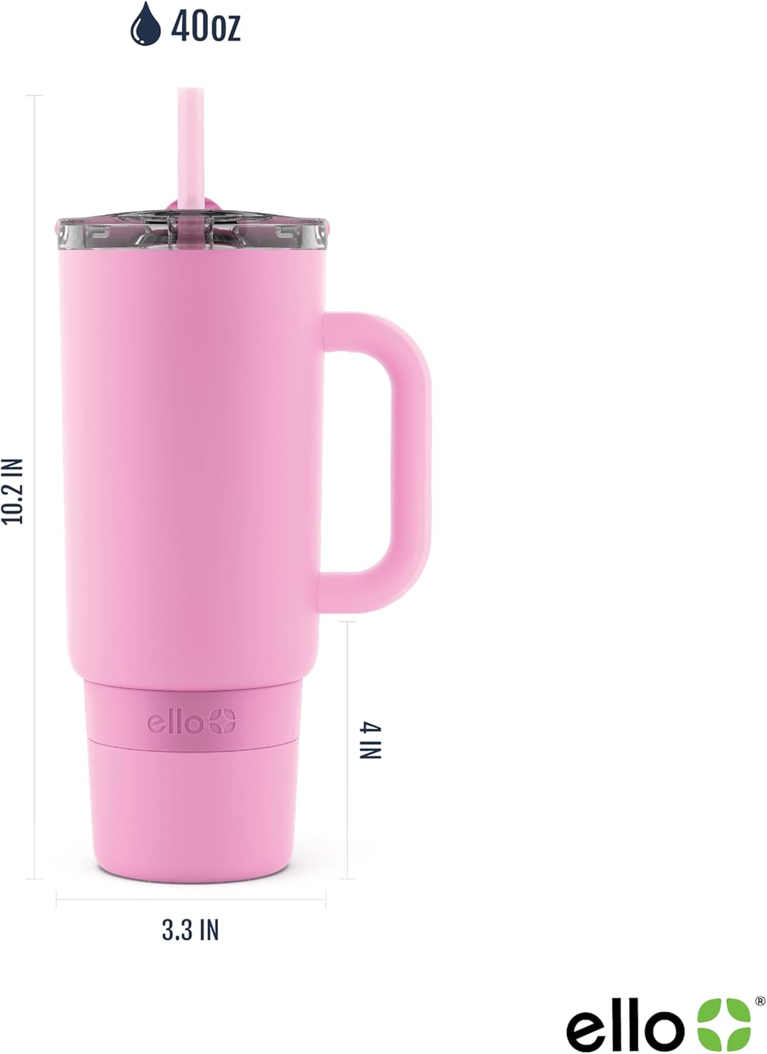 Ello Port 40oz Tumbler with Carry Loop & Integrated Handle, Vacuum Insulated Stainless Steel Reusable Water Bottle, Travel Mug with Leak Proof Lid & Straw, Perfect for Iced Coffee & Tea, White