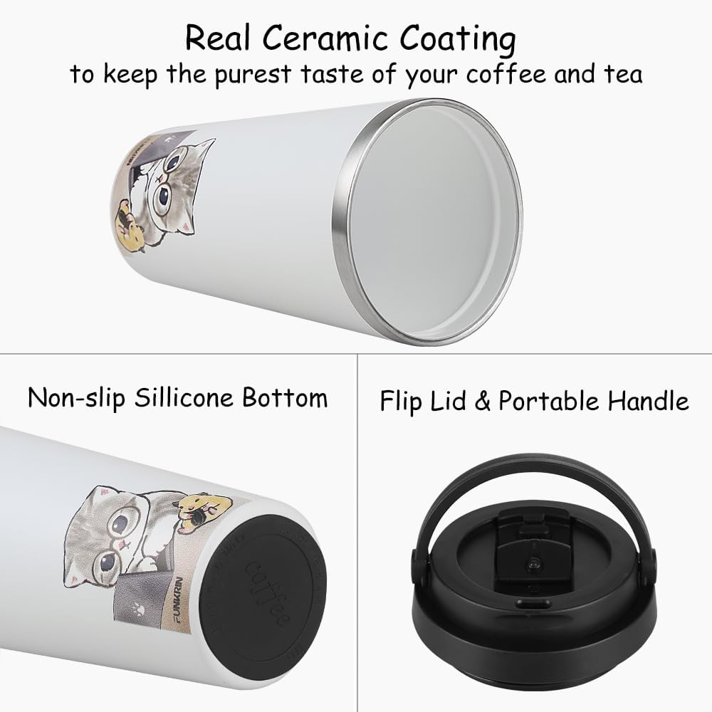 Funkrin Insulated Coffee Mug with Ceramic Coating, 16oz Iced Coffee Tumbler Cup with Flip Lid and Handle, Double Wall Vacuum Leak-Proof Travel Mug for Office School Party Camping