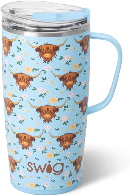 Swig Life 18oz Travel Mug, Insulated Tumbler with Handle and Lid, Cup Holder Friendly, Dishwasher Safe, Stainless Steel, Travel Coffee Cup (Honey Meadow)