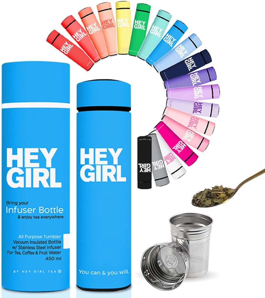 Hey Girl Tea Infuser Bottle 450ml - Insulated Stainless Steel Water Bottle - Tea Tumbler with Tea Diffuser - Portable Travel Mug for Loose Leaf Tea & Infused Water - Tea Lovers Gifts for Women (Pink)