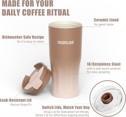 CHEERFUL GOAT Ceramic Lined Coffee Travel Tumbler - Stainless Steel Travel Mug with Ceramic Liner and Lid, 21 OZ Cup for Hot and Cold Beverages at Home or on the Go (Latte Ombre)