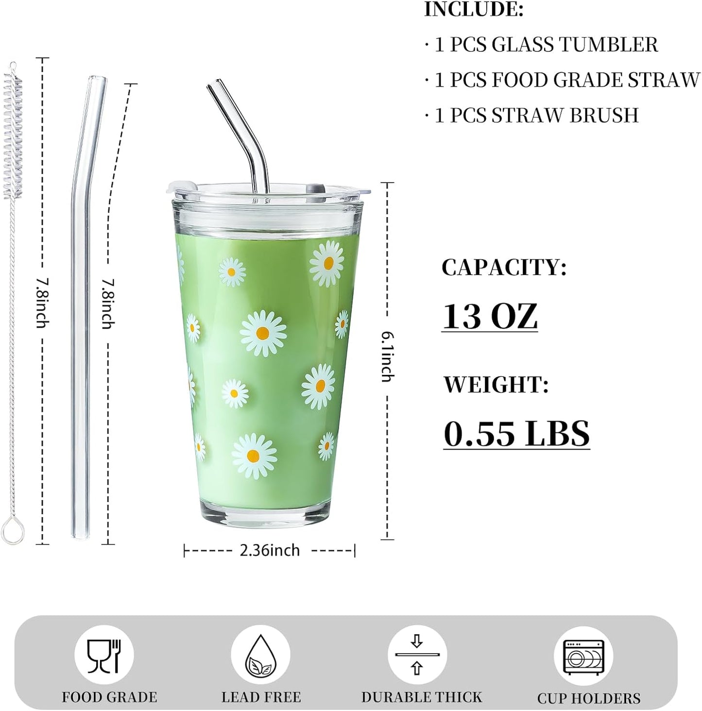 Olvini 15oz Glass Tumbler with Straw and Lid, Cute Iced Coffee Cups, Aesthetic Glass Cups, Coffee Tumbler, Water Cup, Matcha Cup, Drinking Glasses (Clear)