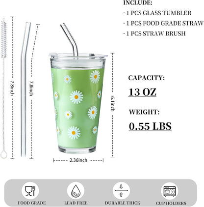 Olvini 15oz Glass Tumbler with Straw and Lid, Cute Iced Coffee Cups, Aesthetic Glass Cups, Coffee Tumbler, Water Cup, Matcha Cup, Drinking Glasses (Clear)