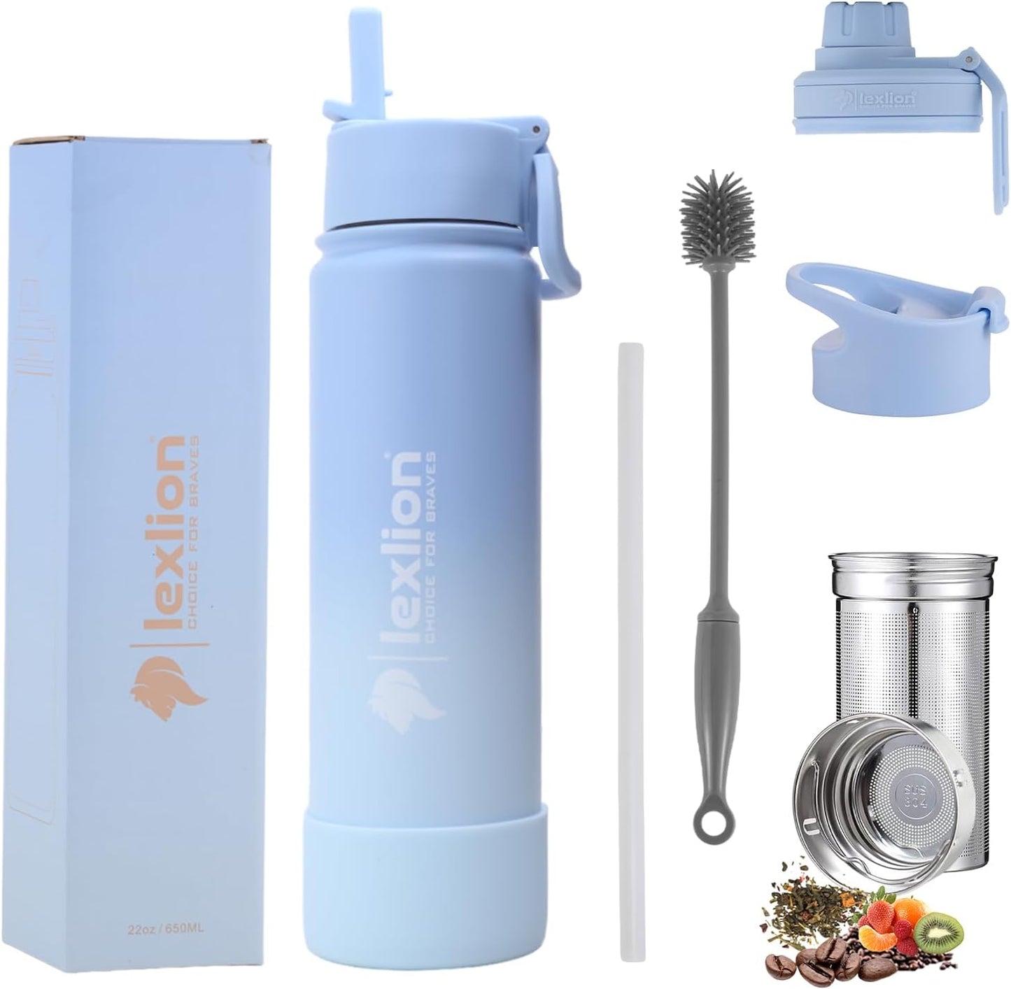 Lexlion Tea Infuser Water Bottle 32 Oz – Triple Wall Insulated Stainless Steel, Loose Leaf & Fruit Strainer, 3 Leakproof Lids, BPA-Free Silicone Sleeve, Reusable Thermal Mug
