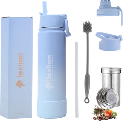 Lexlion Tea Infuser Water Bottle 32 Oz – Triple Wall Insulated Stainless Steel, Loose Leaf & Fruit Strainer, 3 Leakproof Lids, BPA-Free Silicone Sleeve, Reusable Thermal Mug