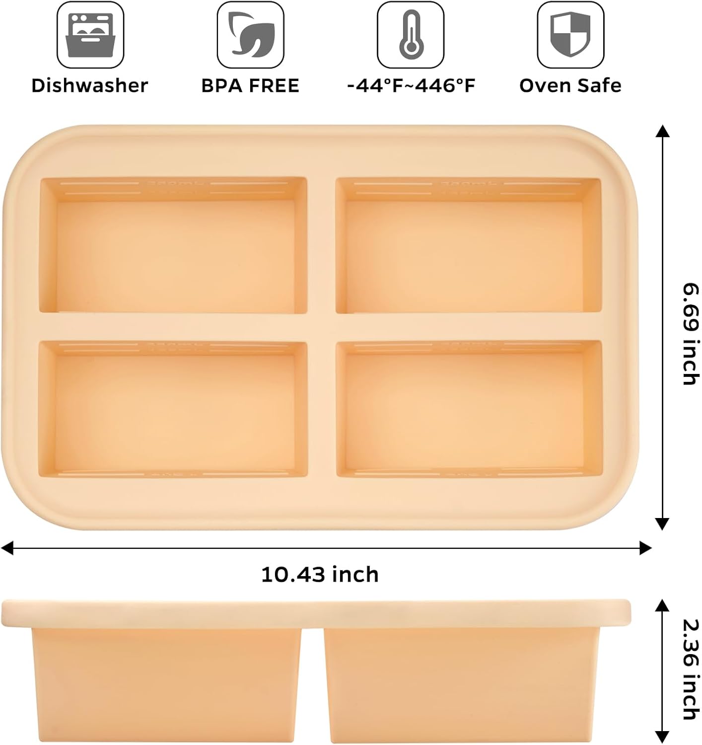 Winrock Super Ice Cube Tray 1 Cup X 4 Portions Big Silicone Freezing Mold with Lid, for Soup&Meal, Prep Food Leftovers Freezer Storage Container, 2Pack