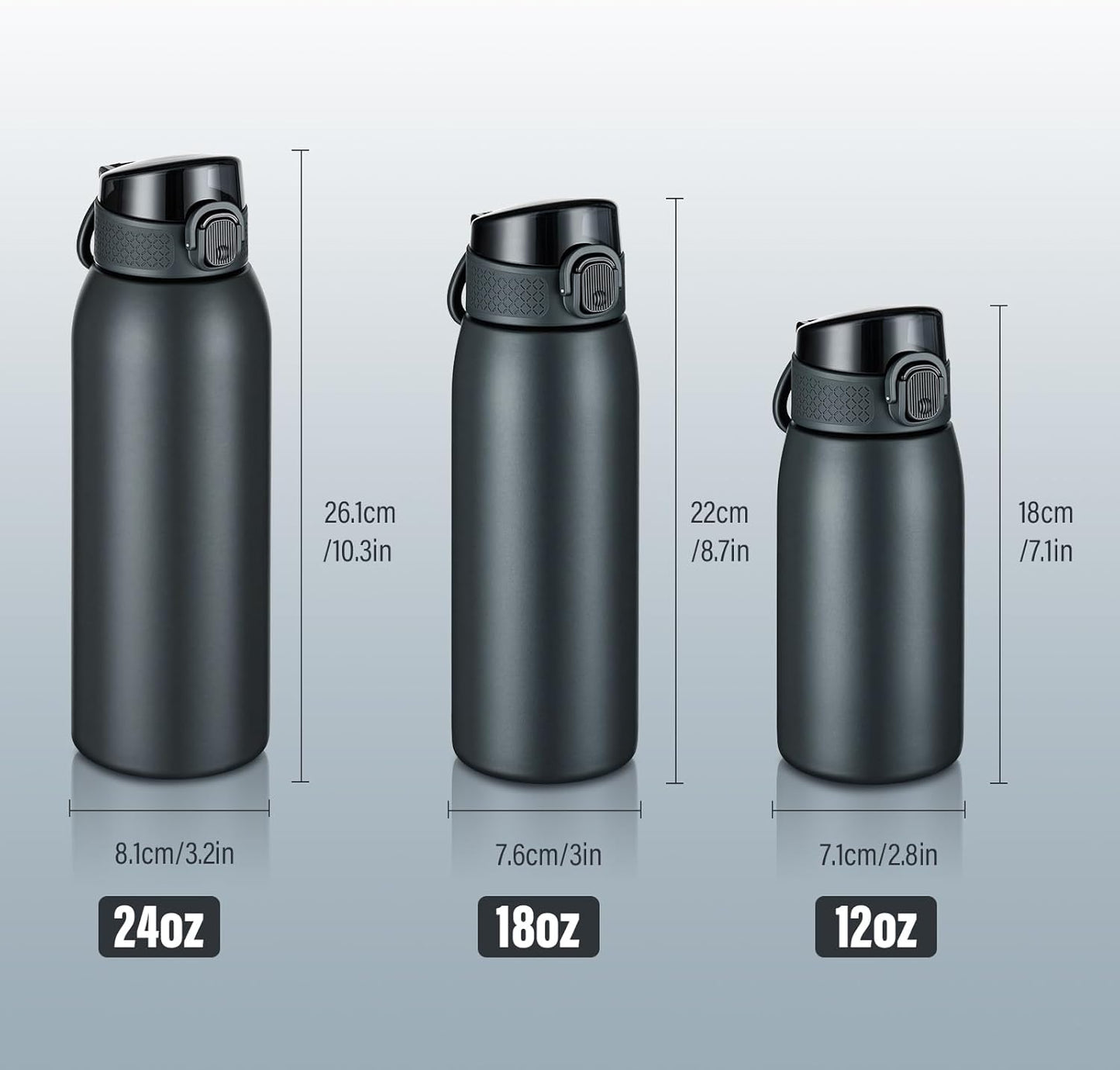 Insulated Water Bottle 24 oz with Dustproof Lid, Carry Handle & Tea Infuser, BPA-Free & Leakproof, Stainless Steel Water Bottles Ideal for Fitness, Hiking, Office & Outdoor Use (Black)