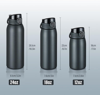 Insulated Water Bottle 24 oz with Dustproof Lid, Carry Handle & Tea Infuser, BPA-Free & Leakproof, Stainless Steel Water Bottles Ideal for Fitness, Hiking, Office & Outdoor Use (Black)