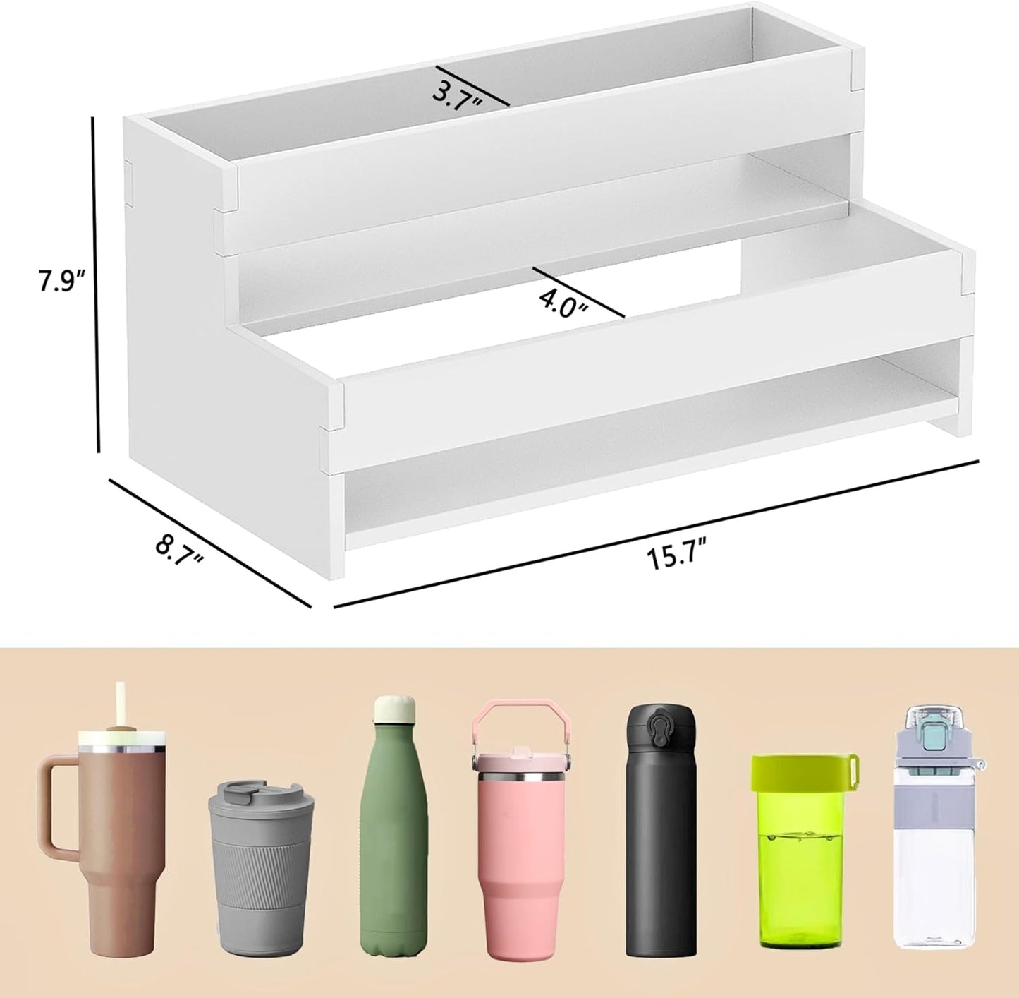 Water Bottle Organizer, 2-Tier 15.7" W Tumbler Holder for 8 Cups, Pantry Kitchen Storage Rack for Wine Bottles Countertop Cabinet