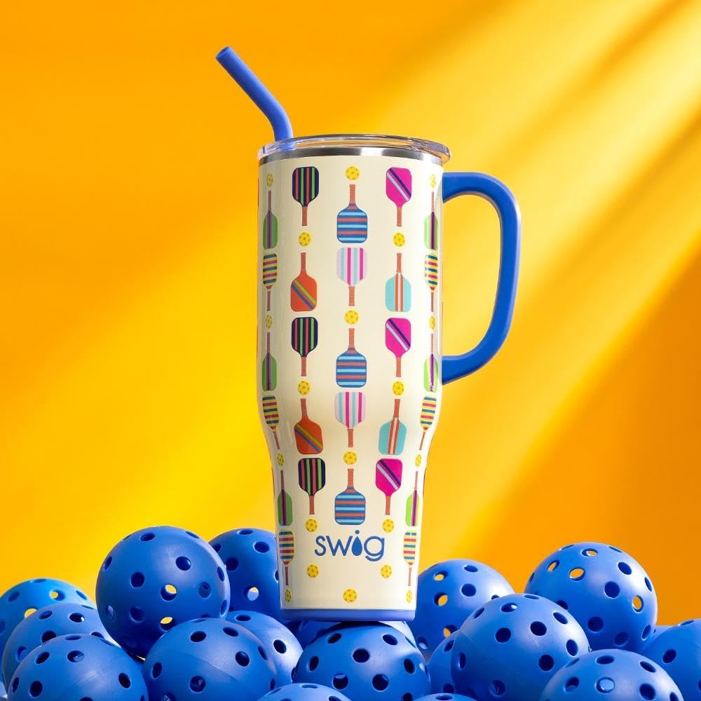 Swig Life 40oz Mega Mug, 40 oz Tumbler with Handle and Straw, Cup Holder Friendly, Dishwasher Safe, Extra Large Insulated Tumbler, Stainless Steel (Pickleball)