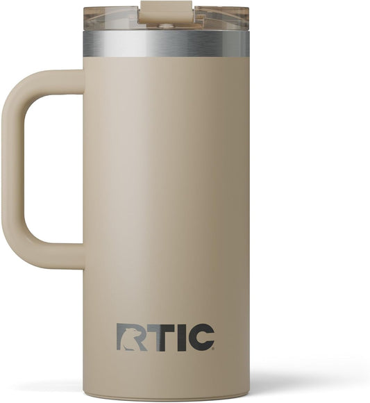 RTIC 20oz Road Trip Travel Mug with Lid and Handle, Ceramic Lined, Insulated, Stainless Steel, Metal, Double Wall Vacuum-Insulation, Portable Coffee, Tea Cup for Hot and Cold Drink, Black