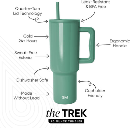 Simple Modern 40 oz Trek Tumbler with Handle and Straw Lid | Cup Holder Friendly Insulated Stainless Steel Travel Mug | Sea Glass Sage - Colors A