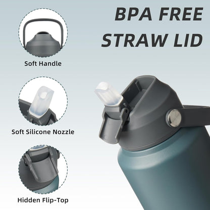 BJPKPK Insulated Water Bottle with Straw Lid, 18oz Thermo Water Bottles with Soft Nozzle, Flex Handle & Non-slip Boot, BPA Free Leak Proof Stainless Steel Metal Thermo, Tumblers, Cups,Sea Salt