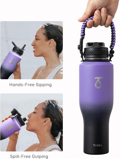 Trebo 40 oz Water Bottle Insulated Fit Car Cup Holder with Handle, Stainless Steel Water Bottles Tumbler with Spout Straw Lids, Double Wall Travel Reusable Flask, Leakproof Mug,Keep Cold &Hot,Black