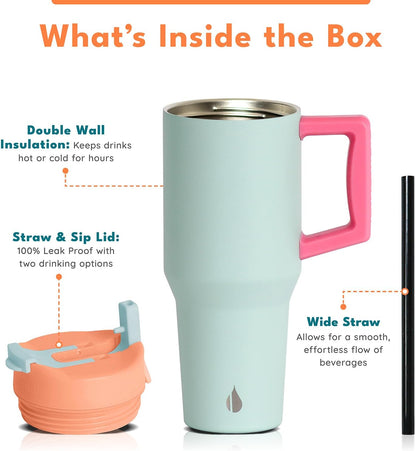 Elemental 32 oz 100% Leak Proof Tumbler with Handle & Straw - Stainless Steel Double Wall Insulated Tumbler for Hot and Cold Beverages - Travel Coffee Mug with Sip & Straw Lid - White - Colors A