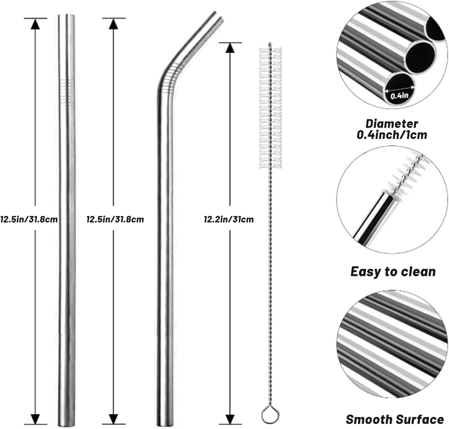 VEHHE Metal Straws Stainless Steel Straws Drinking Straws Reusable - 10.5" Ultra Long 4 + 1 - W/Cleaning Brush for 20/30 Oz for Yeti RTIC SIC Ozark Trail Tumblers (2 Straight|2 Bent|1 Brush)