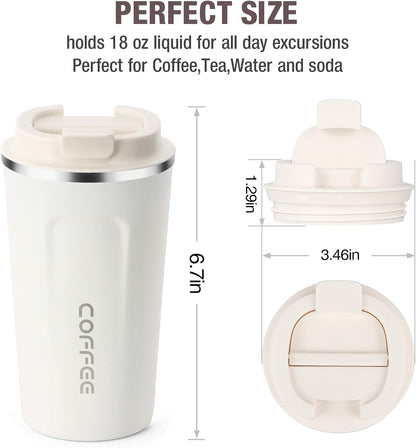 17oz (510ml) Vacuum Insulated Coffee Travel Mug, Leak proof Double Wall Stainless Steel Reusable Cup with Lid, Thermal Tumbler for Hot and Cold Drinks, Matte Texture White