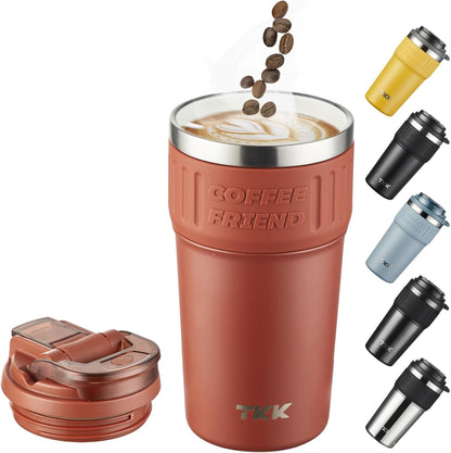 TKK Insulated Coffee Mug with Ceramic Coating, 21oz Iced Coffee Tumbler Cup with Straw Lid Double Wall Vacuum Leak Proof Travel Mug with Strap for Hot and Iced Beverage, Tungsten Steel