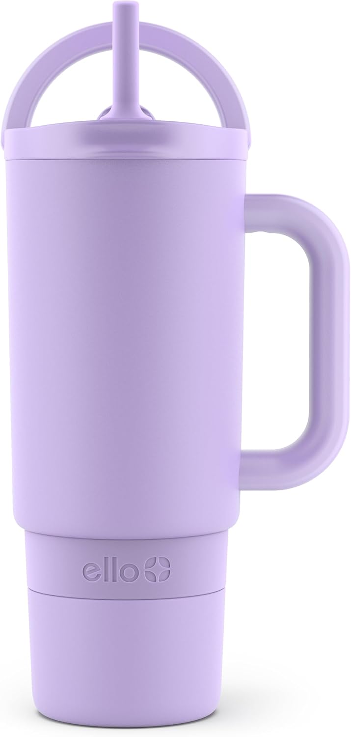 Ello Port 40oz Tumbler with Carry Loop & Integrated Handle, Vacuum Insulated Stainless Steel Reusable Water Bottle, Travel Mug with Leak Proof Lid & Straw, Perfect for Iced Coffee & Tea, White