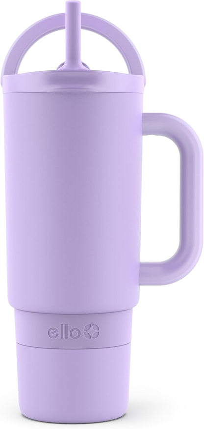 Ello Port 40oz Tumbler with Carry Loop & Integrated Handle, Vacuum Insulated Stainless Steel Reusable Water Bottle, Travel Mug with Leak Proof Lid & Straw, Perfect for Iced Coffee & Tea, White