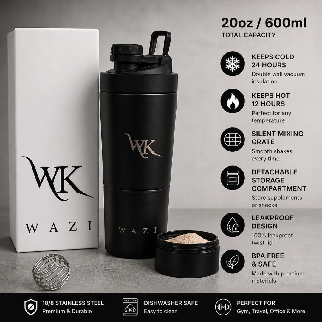 WAZI Klean Stainless Steel Insulated Shaker Bottle 20oz / 600ml with Storage Compartment, Leakproof Silent Mixing Lid, BPA Free for Protein Shakes, Pre Workout, Smoothies & Gym