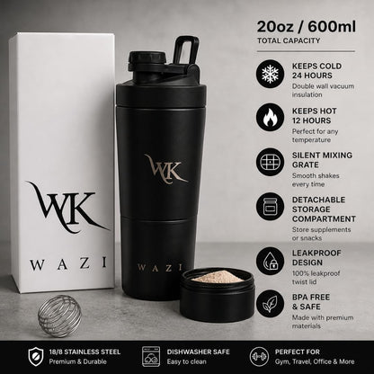 WAZI Klean Stainless Steel Insulated Shaker Bottle 20oz / 600ml with Storage Compartment, Leakproof Silent Mixing Lid, BPA Free for Protein Shakes, Pre Workout, Smoothies & Gym