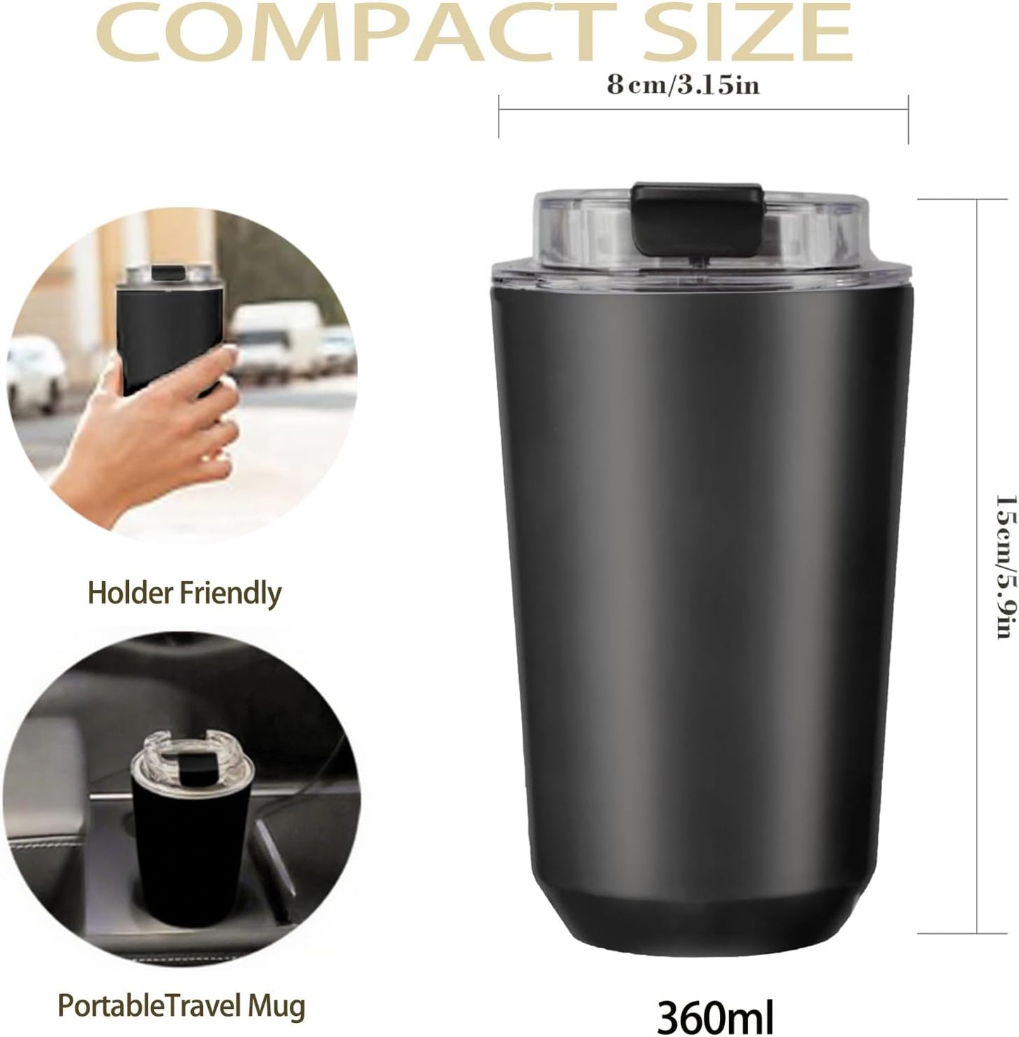 DEQIANG Travel Coffee Cup, Coffee Cup Travel with Lid, Insulated Coffee Mug for Hot & Cold Beverages, Great Gift Choice for Coffee Lovers, Office Workers, Hikers & Commuters (Black, 8.5 oz)