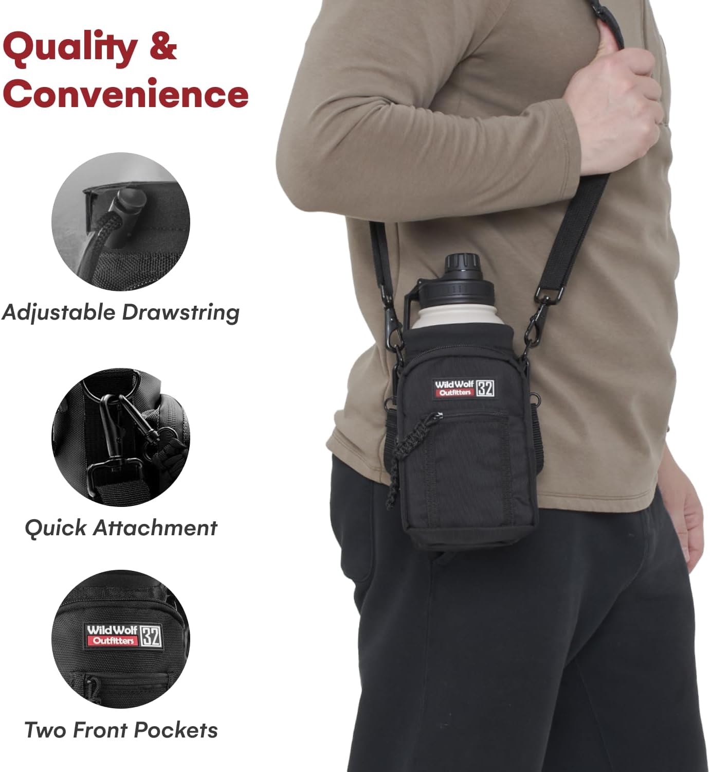 Wild Wolf Outfitters - #1 Best Water Bottle Holder for 32 oz Bottles - Carry, Protect and Insulate Your Flask with This Military Grade Carrier w/ 2 Pockets and an Adjustable Padded Shoulder Strap.