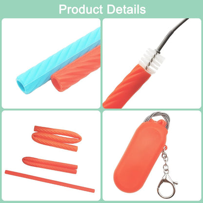 2 Set Silicone Straws with Case, Reusable Travel Straw Cruise Ship Essentials, Foldable Portable Straw + Deep Cleaning Brush + Carry Case with Keychain, for Travel & Party Cold or Hot (Pink & Blue)